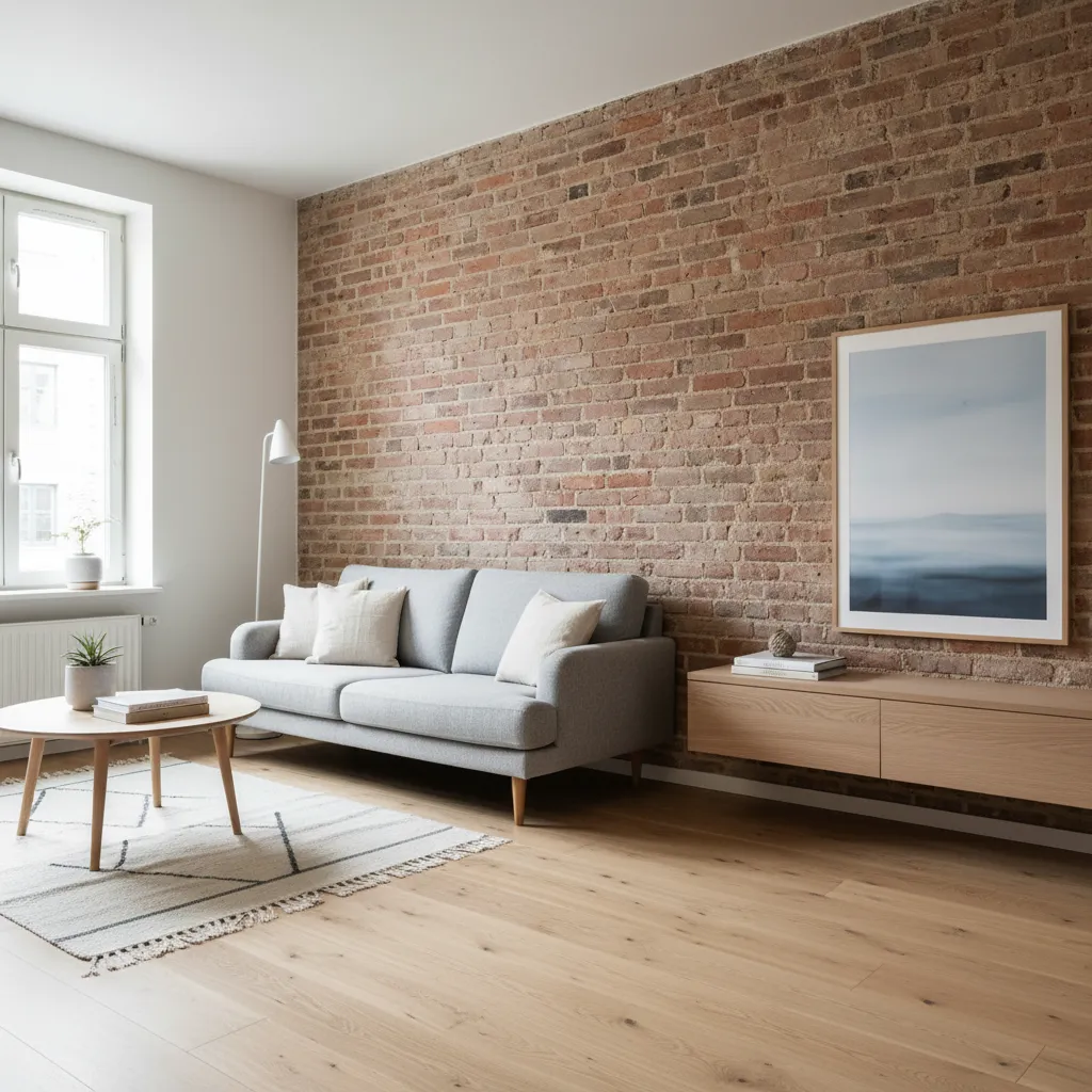 Apartamento pequeño con una sola pared de ladrillo iluminada