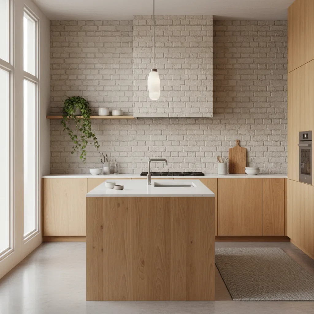 Cocina moderna con pared de ladrillo decorativo claro
