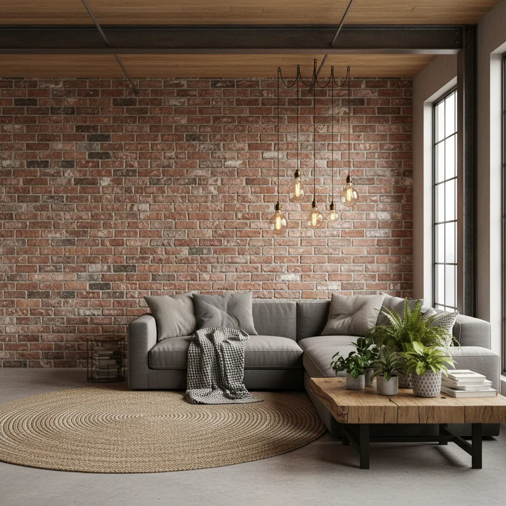Industrial living room with red brick wall grey sofa round rug wood coffee table plants