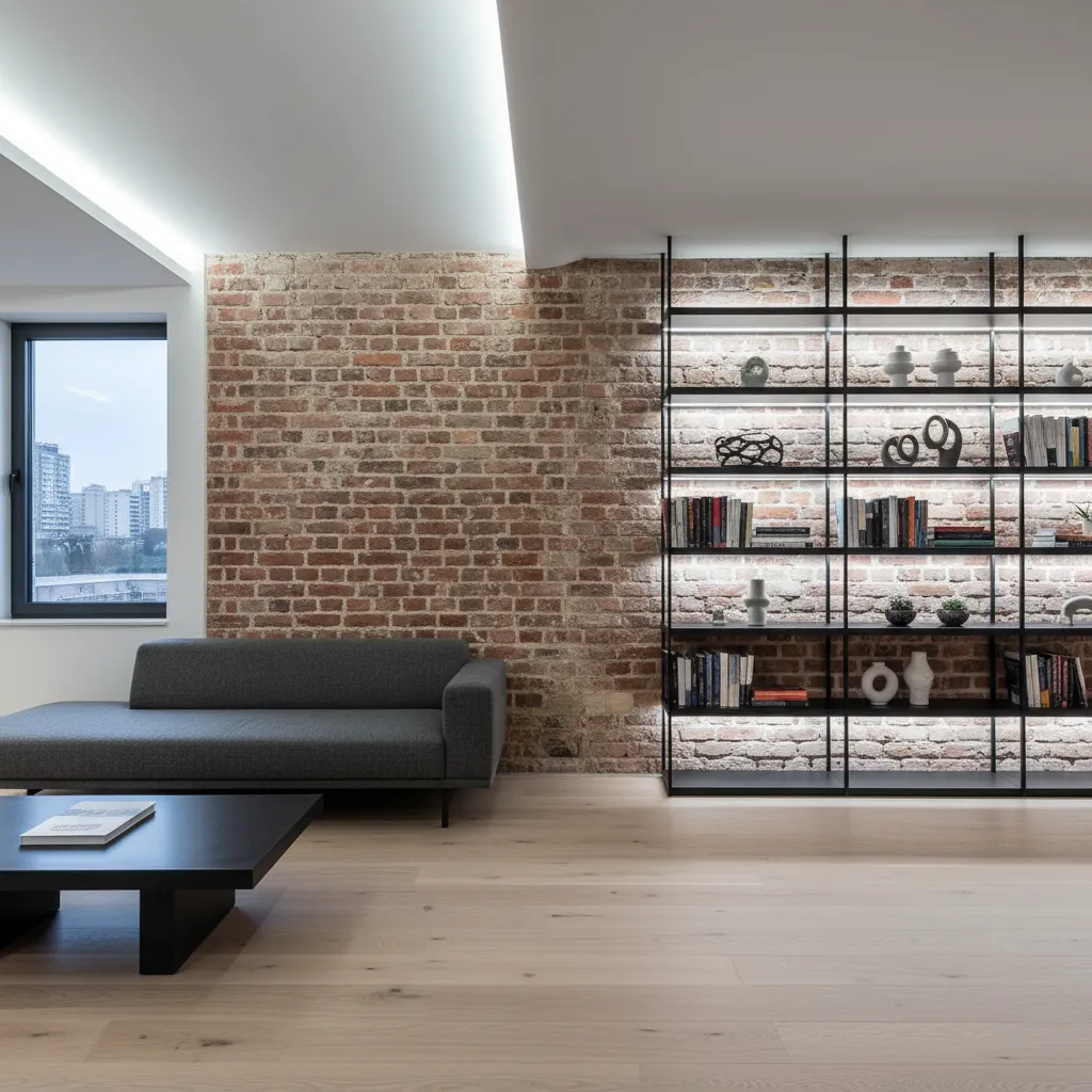 Interior moderno con pared de ladrillo y muebles contemporáneos