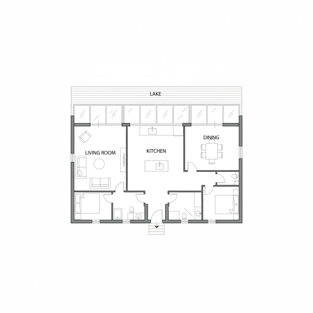 architectural floor plan showing lake facing living spaces