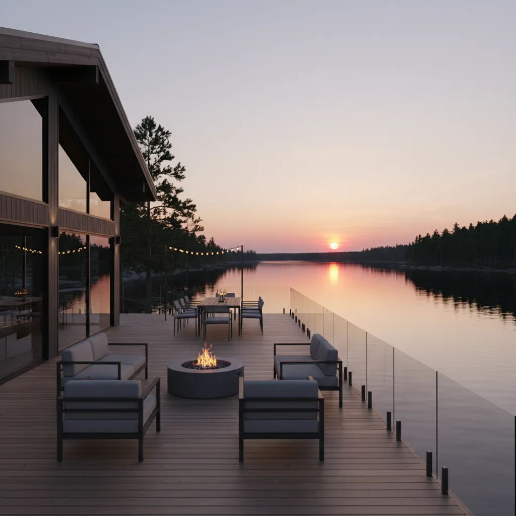 lake house deck with outdoor seating overlooking water