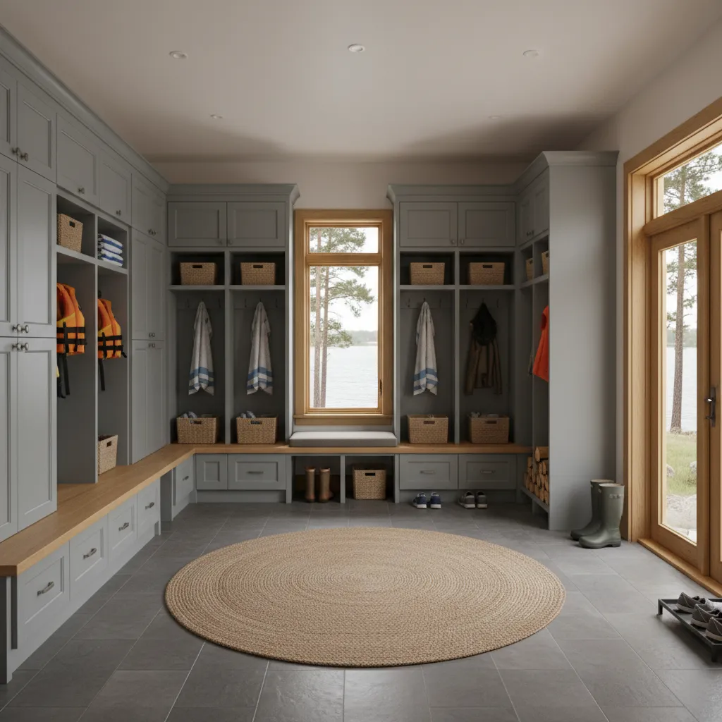 functional lake house mudroom for wet gear and outdoor equipment