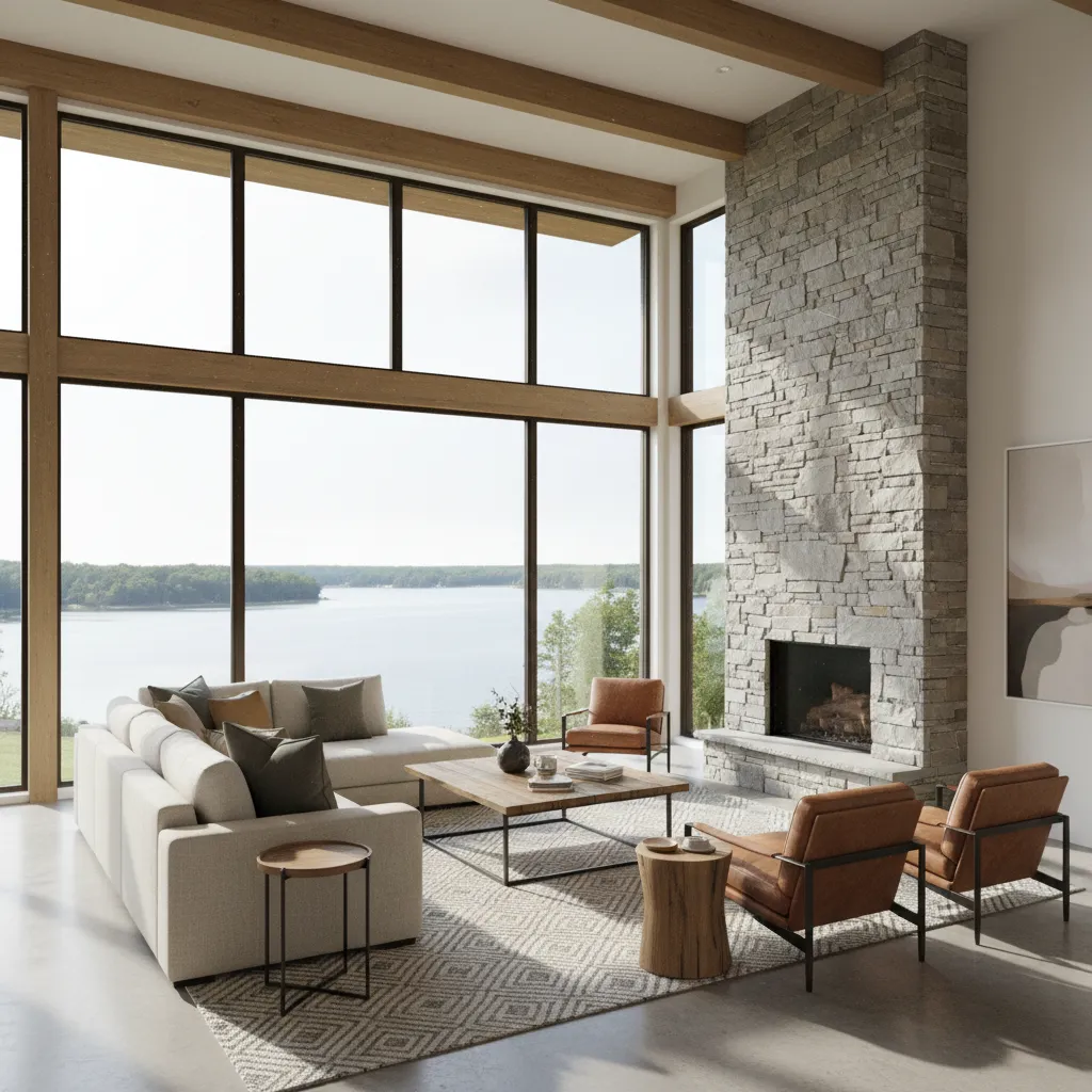 Open concept lake house living room facing panoramic water views