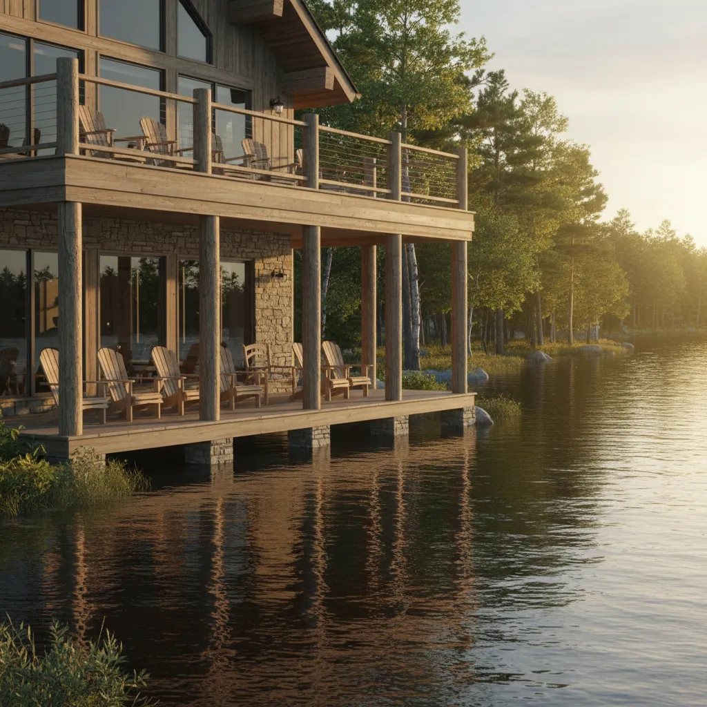 Lake house with stacked porches overlooking water and forest landscape