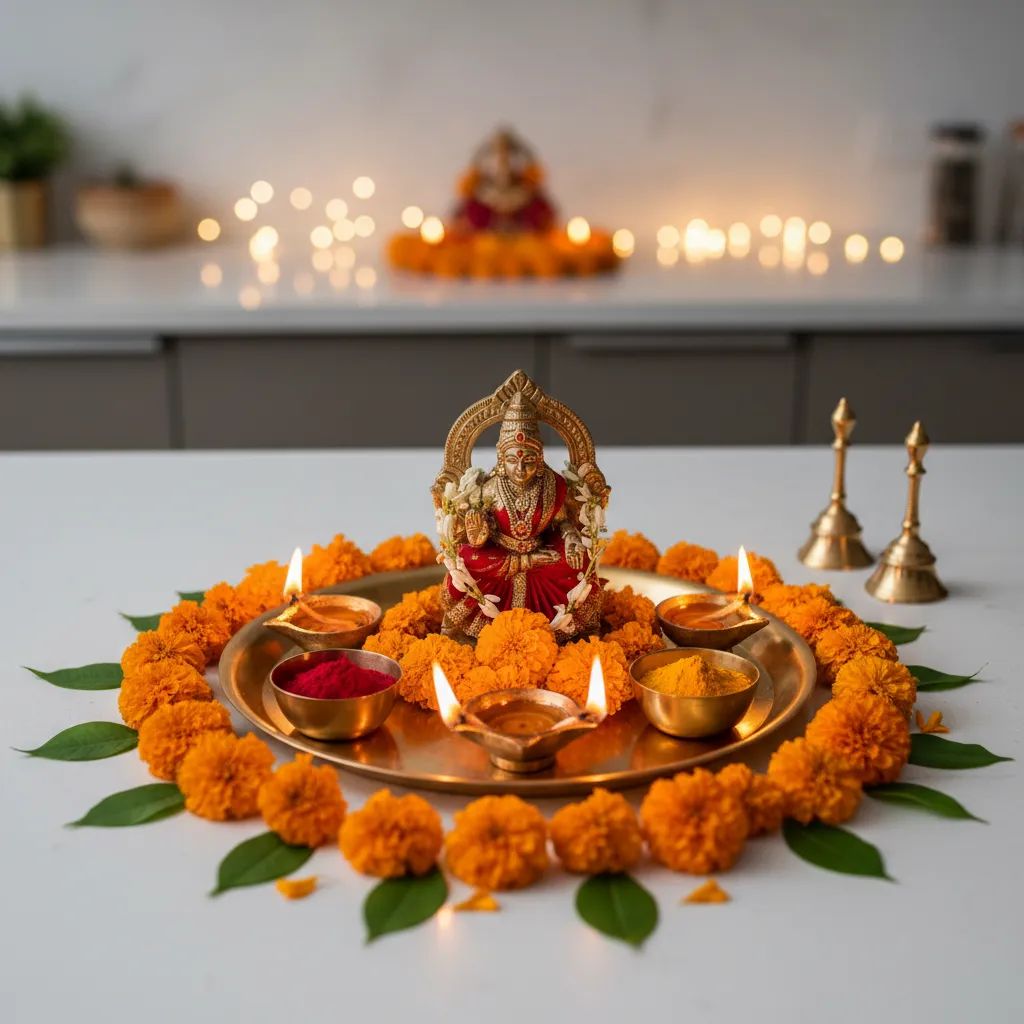 Lakshmi pooja decorations with brass diya marigold flowers and small idol