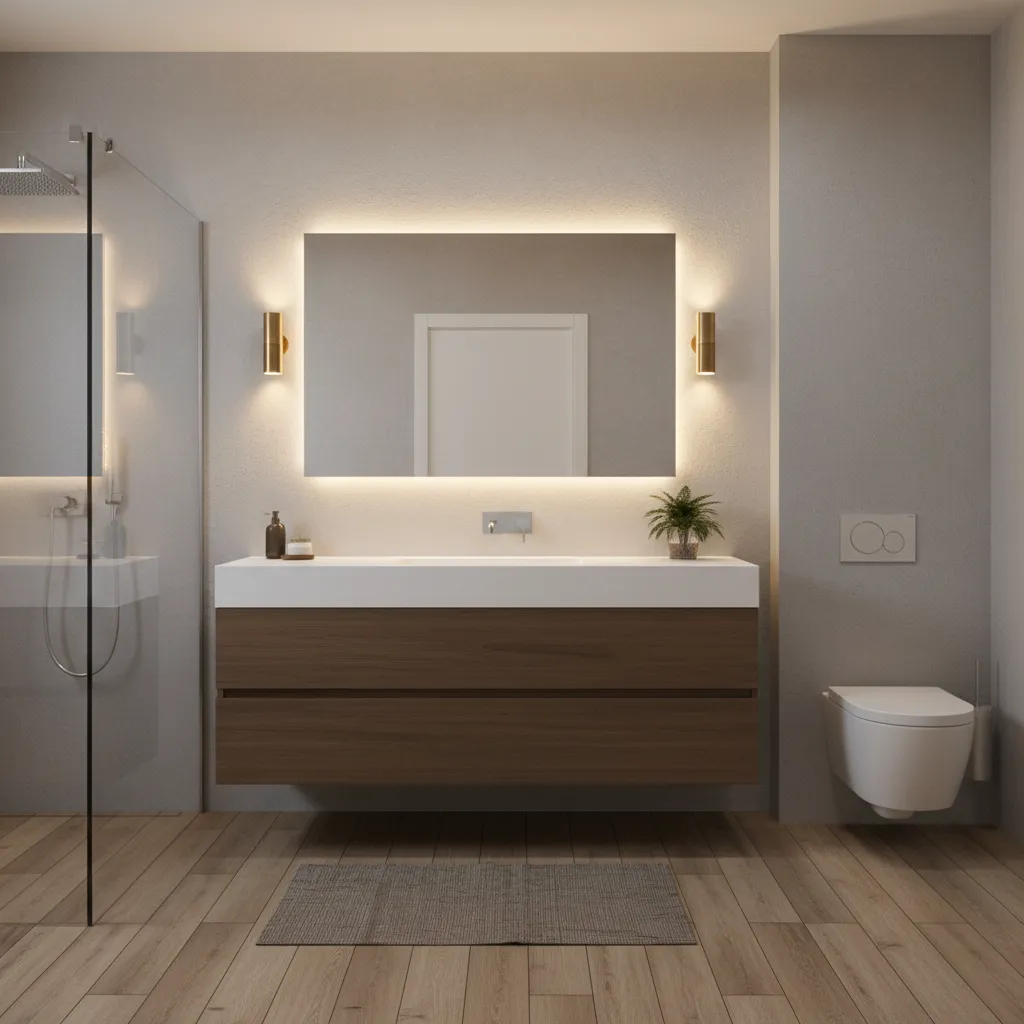 bathroom with laminate wood look flooring