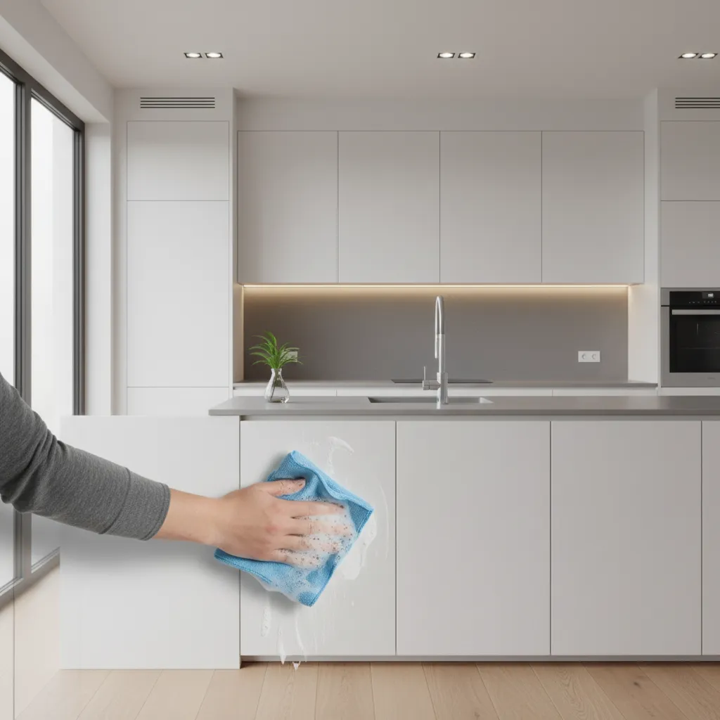 Cleaning laminate kitchen cabinet with soft cloth and soap solution