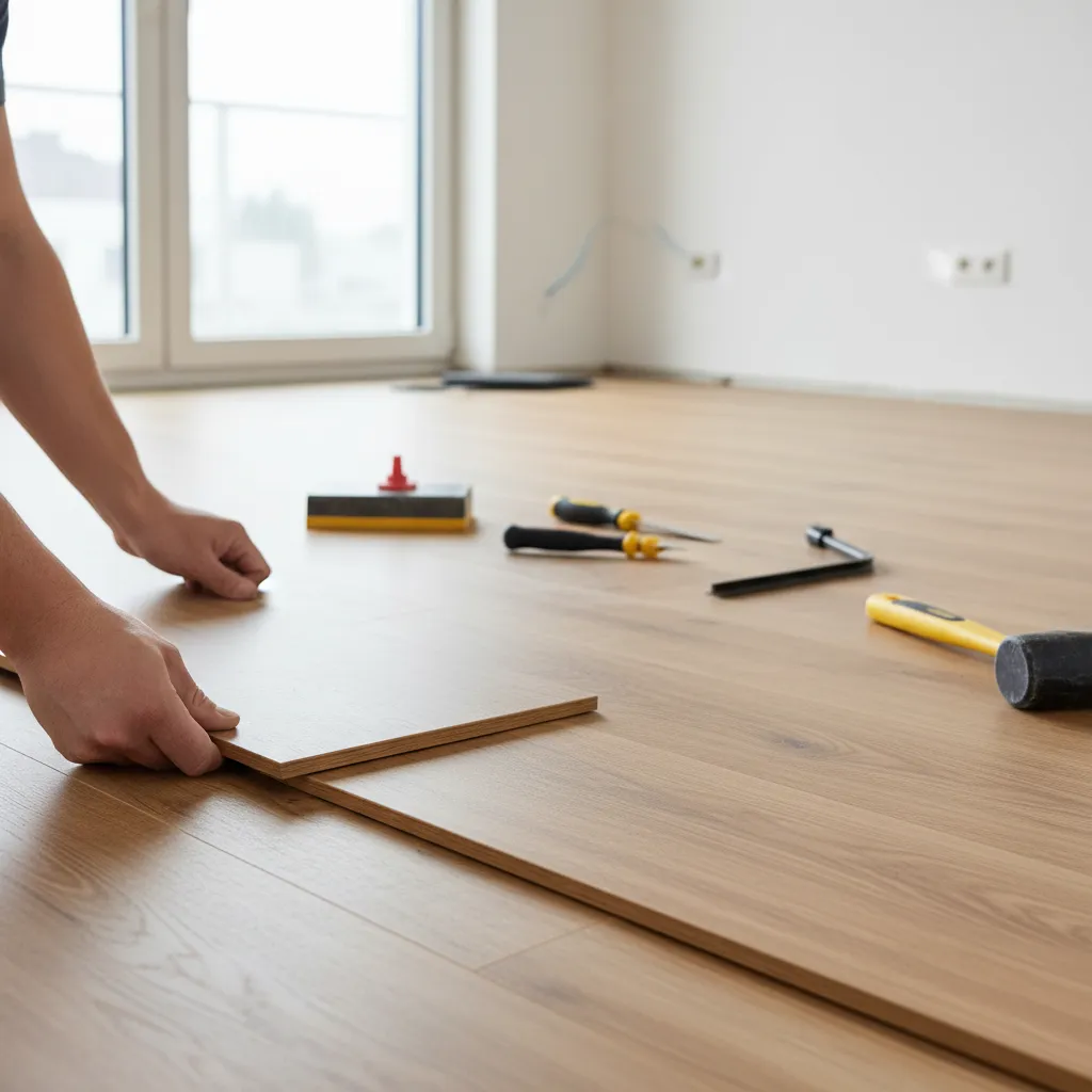 Laminate plank angled during click lock installation showing tongue entering groove