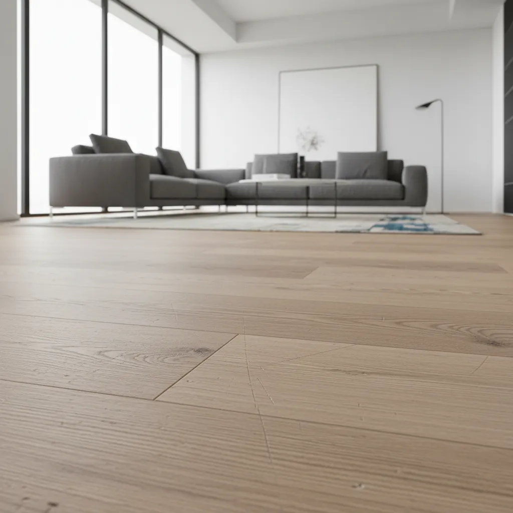 Close view of scratched laminate flooring boards in a living room