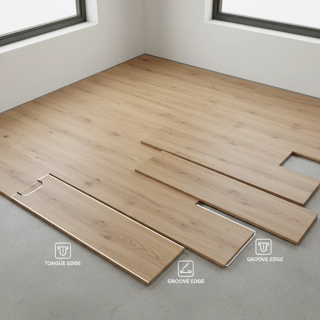 Laminate planks laid out showing tongue edges and groove edges for identification