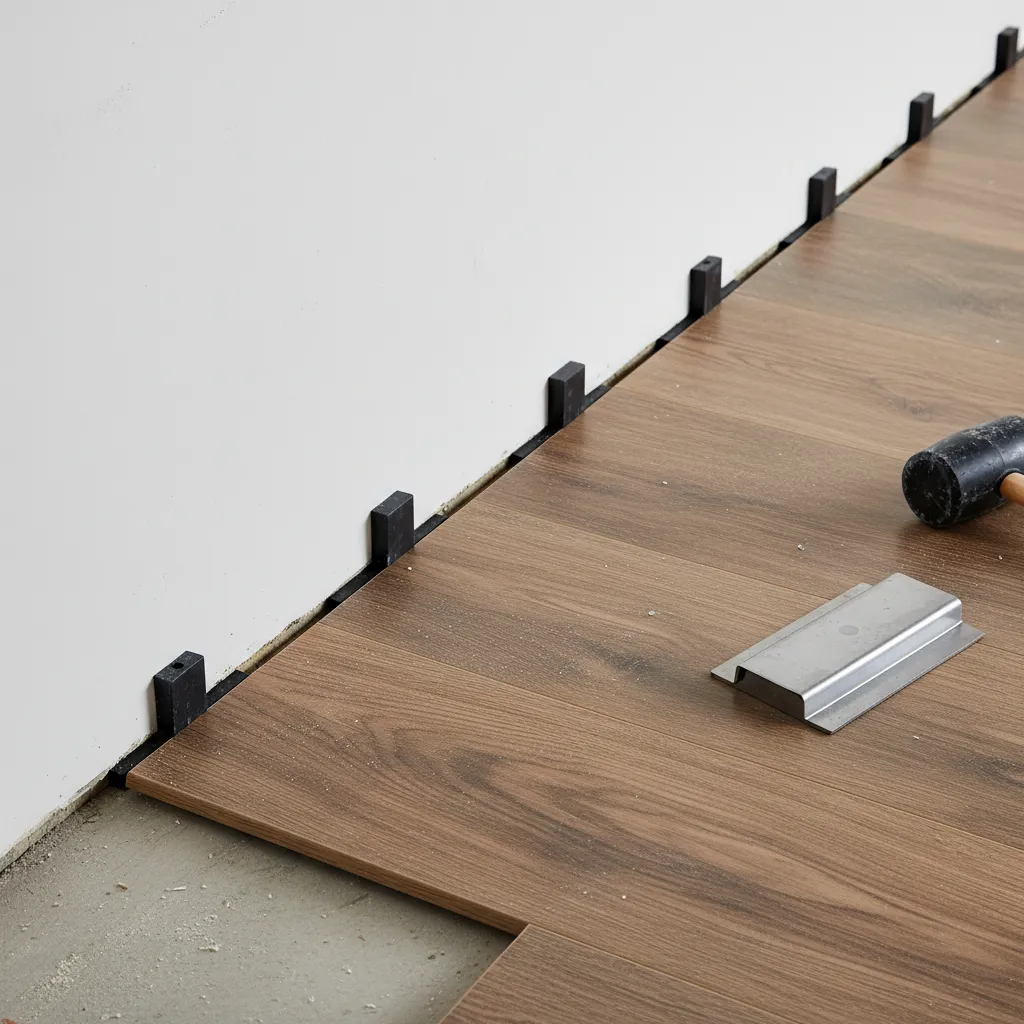 Close up of laminate flooring expansion gap along wall with spacer blocks