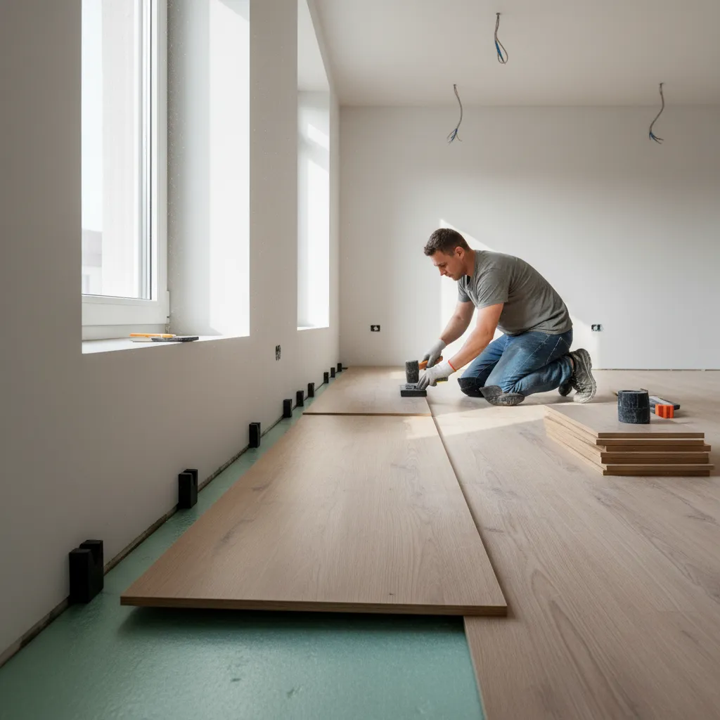 First row of laminate flooring installed with spacers along wall