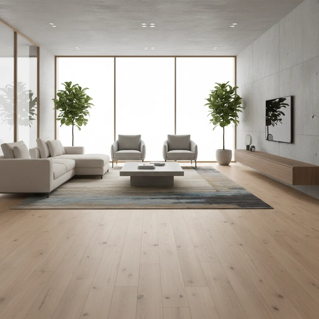 Completed modern living room with newly installed laminate flooring