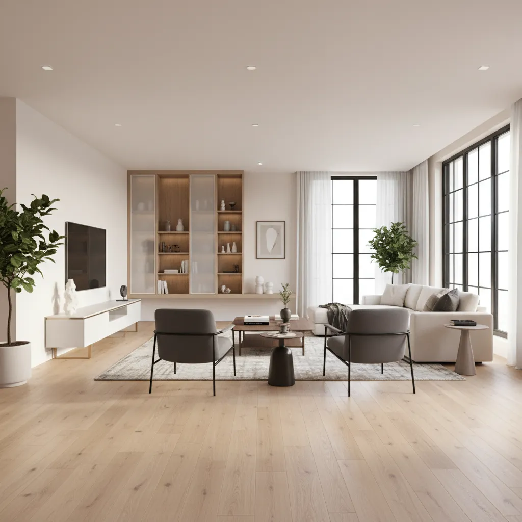 new laminate flooring installed across an open living room space