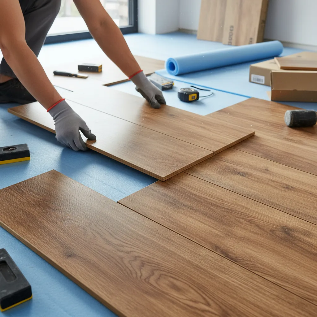 Laminate flooring planks being installed with click lock system