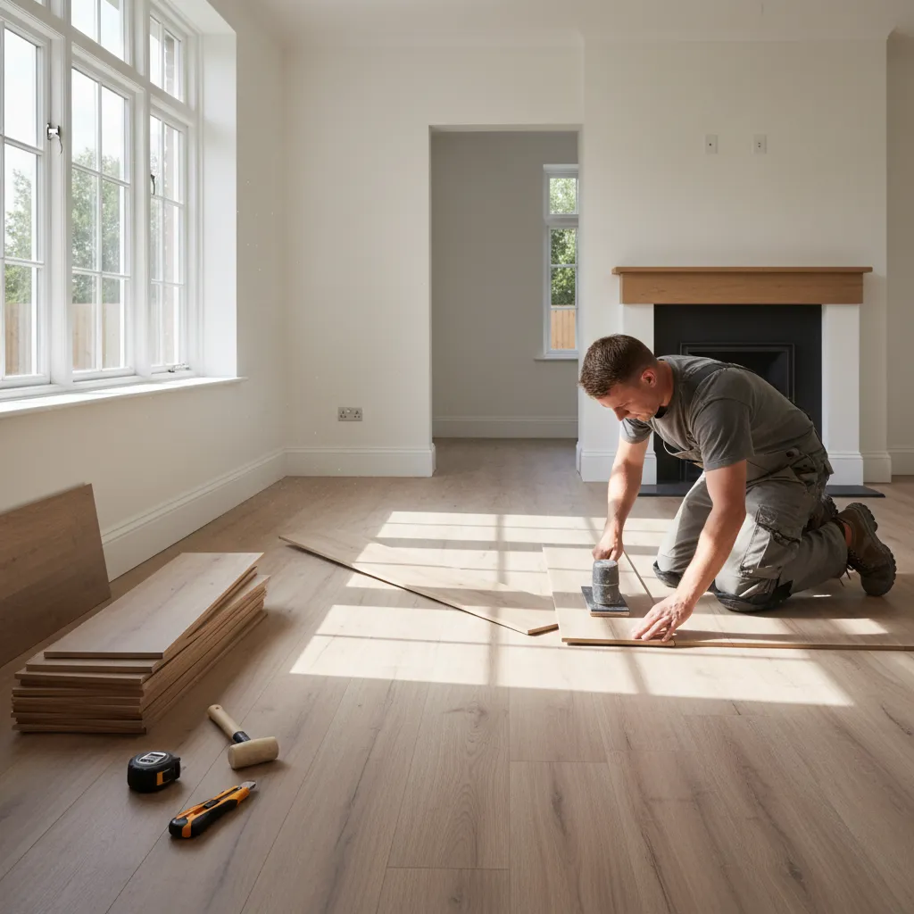 Contractor installing laminate flooring planks in a residential living room