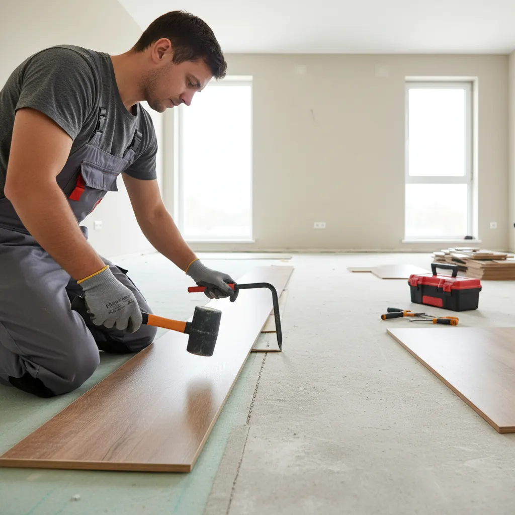 Contractor removing laminate planks from floor edge during repair