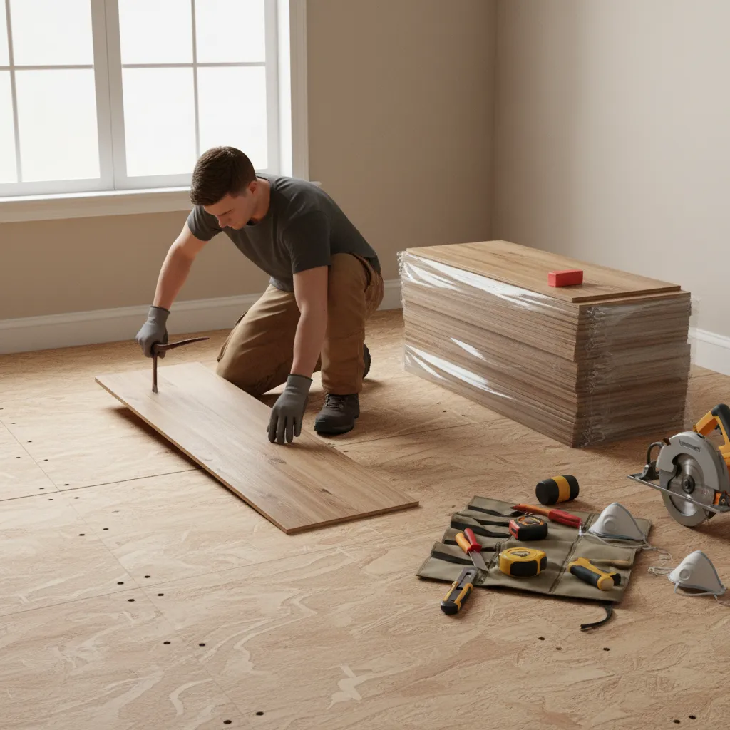 contractor removing laminate flooring to prepare subfloor for vinyl installation