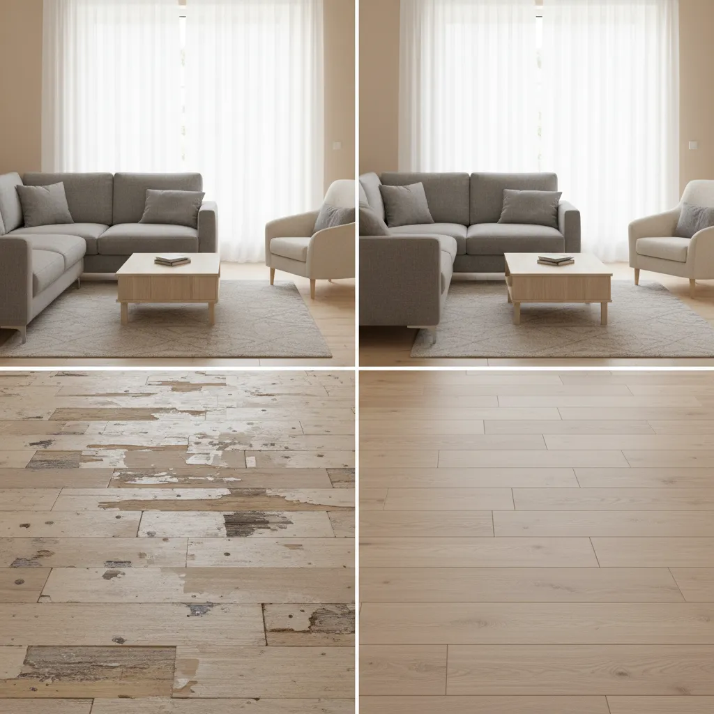 Comparison between damaged laminate flooring and repaired modern laminate floor