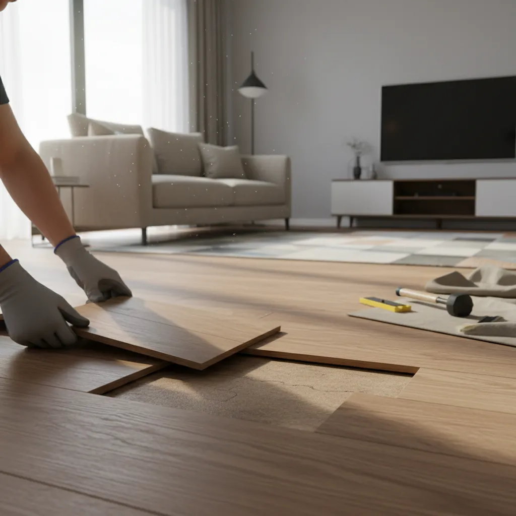 homeowner replacing a single laminate plank using click lock flooring system