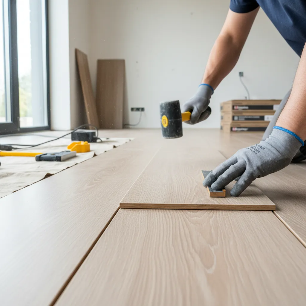 Installer using tapping block and mallet to lock laminate planks