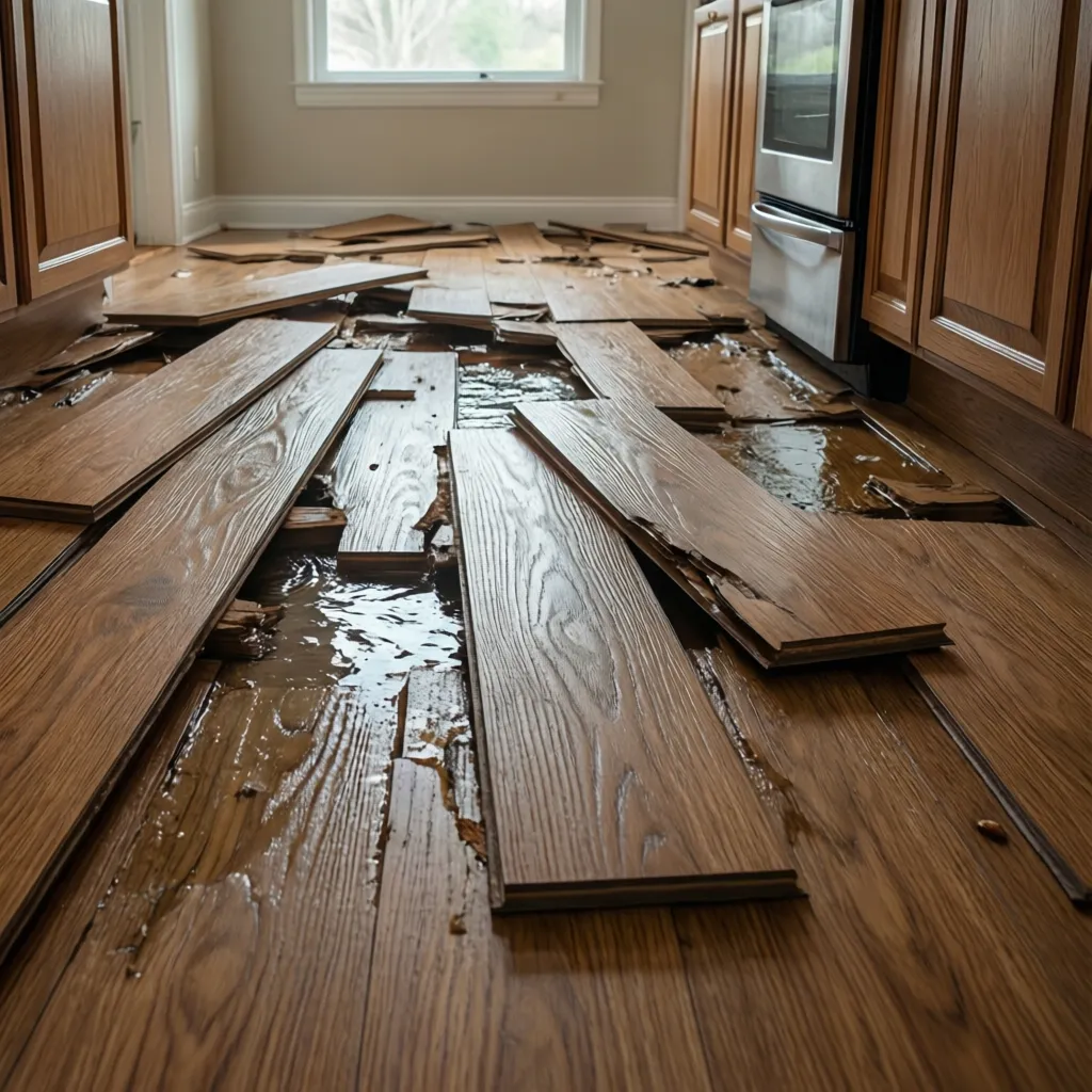 Laminate flooring planks swollen and warped due to water damage