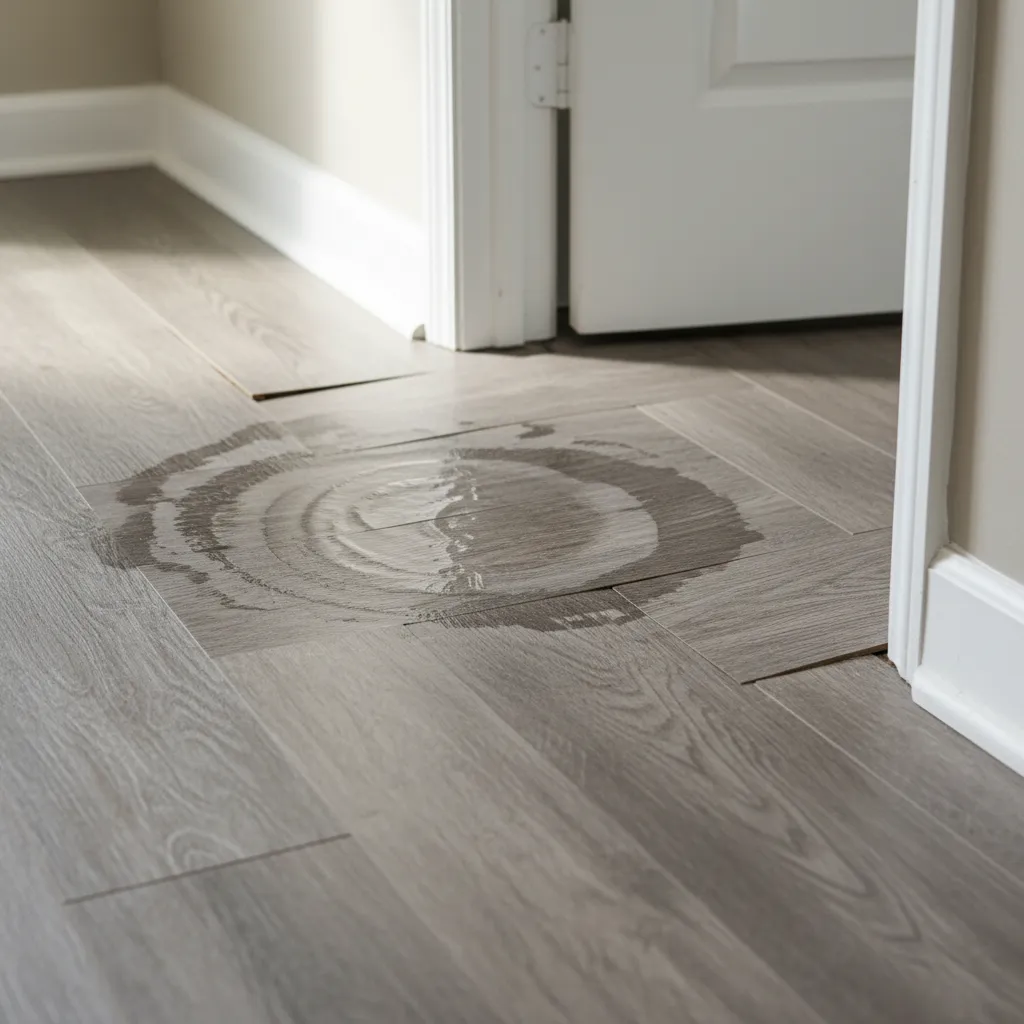 laminate floor planks swollen and damaged by water near doorway