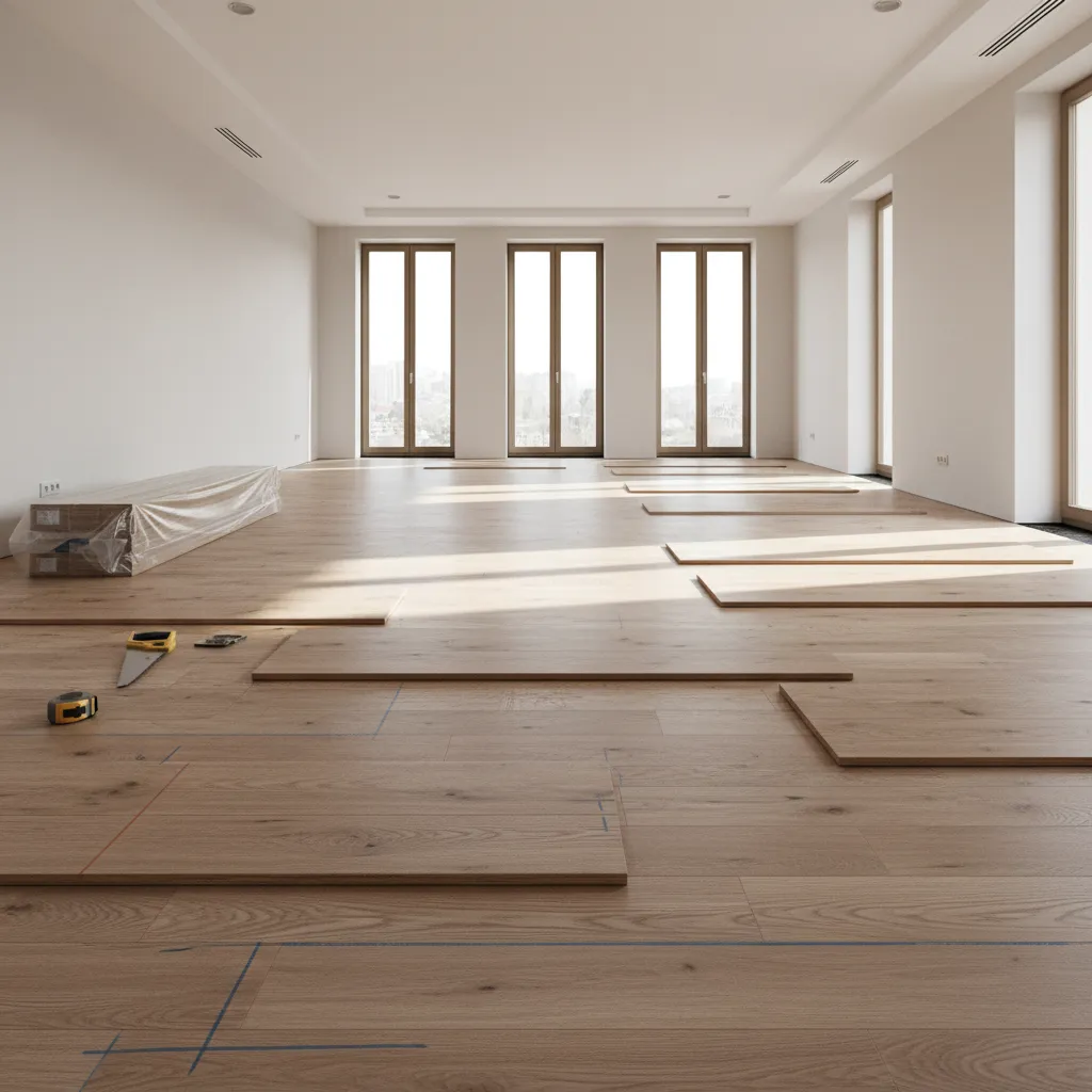 laminate flooring boards arranged with staggered cuts to reduce waste