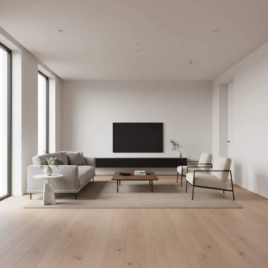 Laminate flooring planks installed along the longest wall in a modern living room