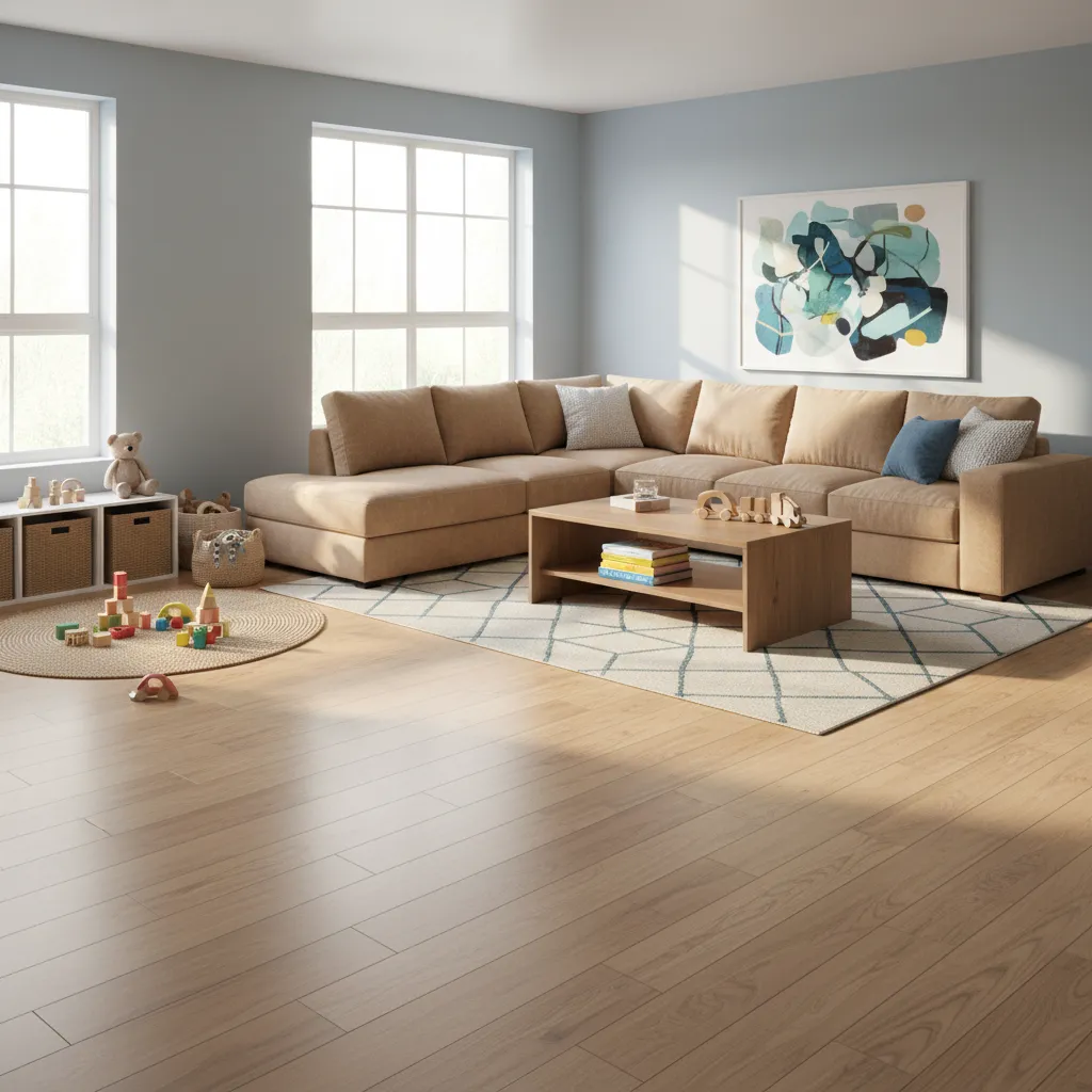 Family living room with durable laminate flooring