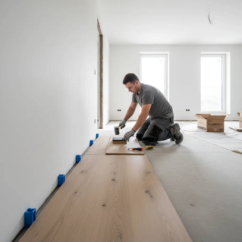 Installer aligning the first row of laminate flooring against a wall
