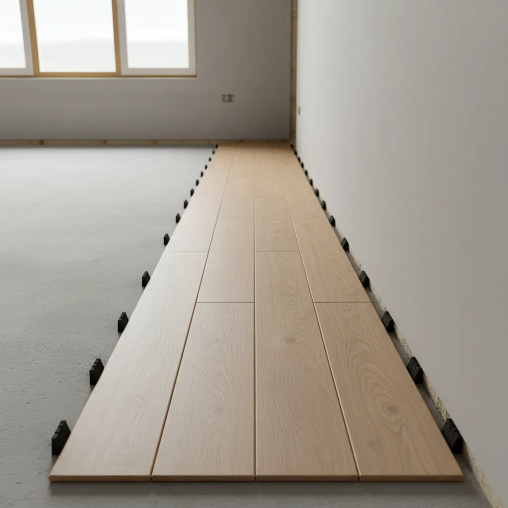 First row of laminate flooring installed along a straight wall with expansion spacers