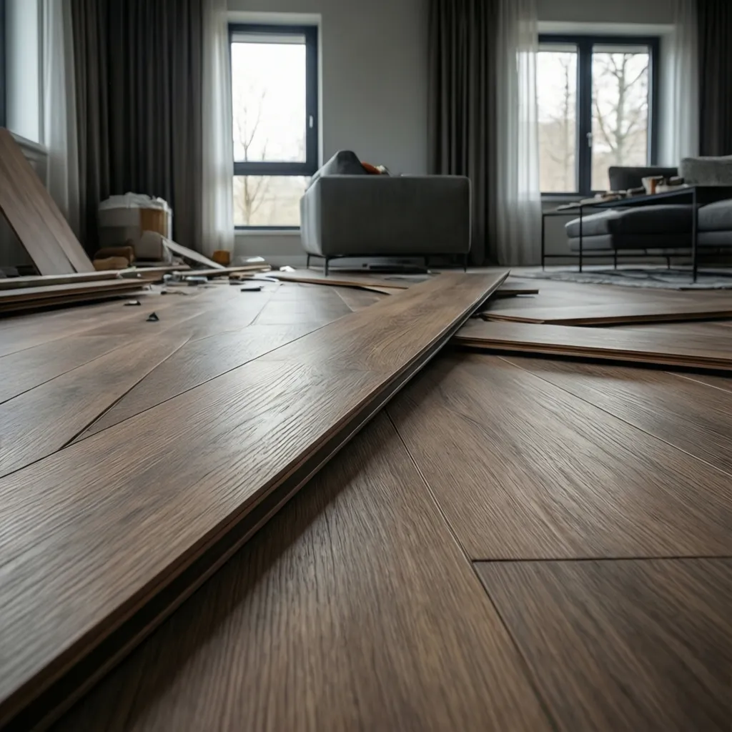 Close-up of laminate flooring installation with clean transitions and baseboards