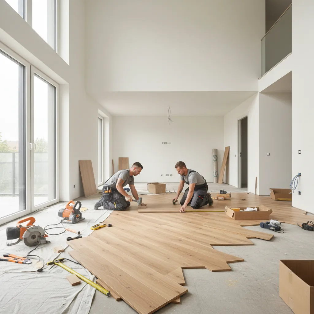 workers installing laminate flooring planks in a modern living room renovation