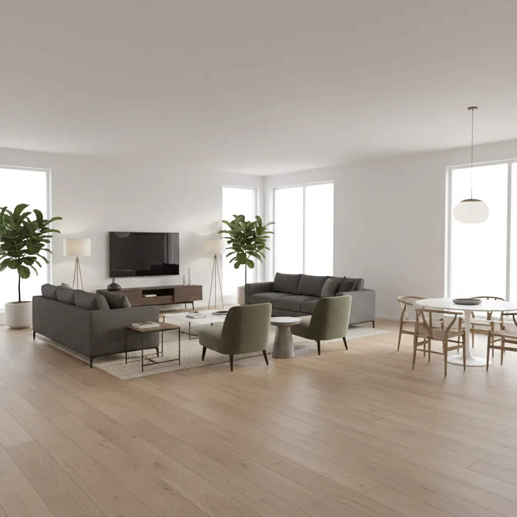 Laminate flooring installed in an L shaped living room showing plank direction and interior corner