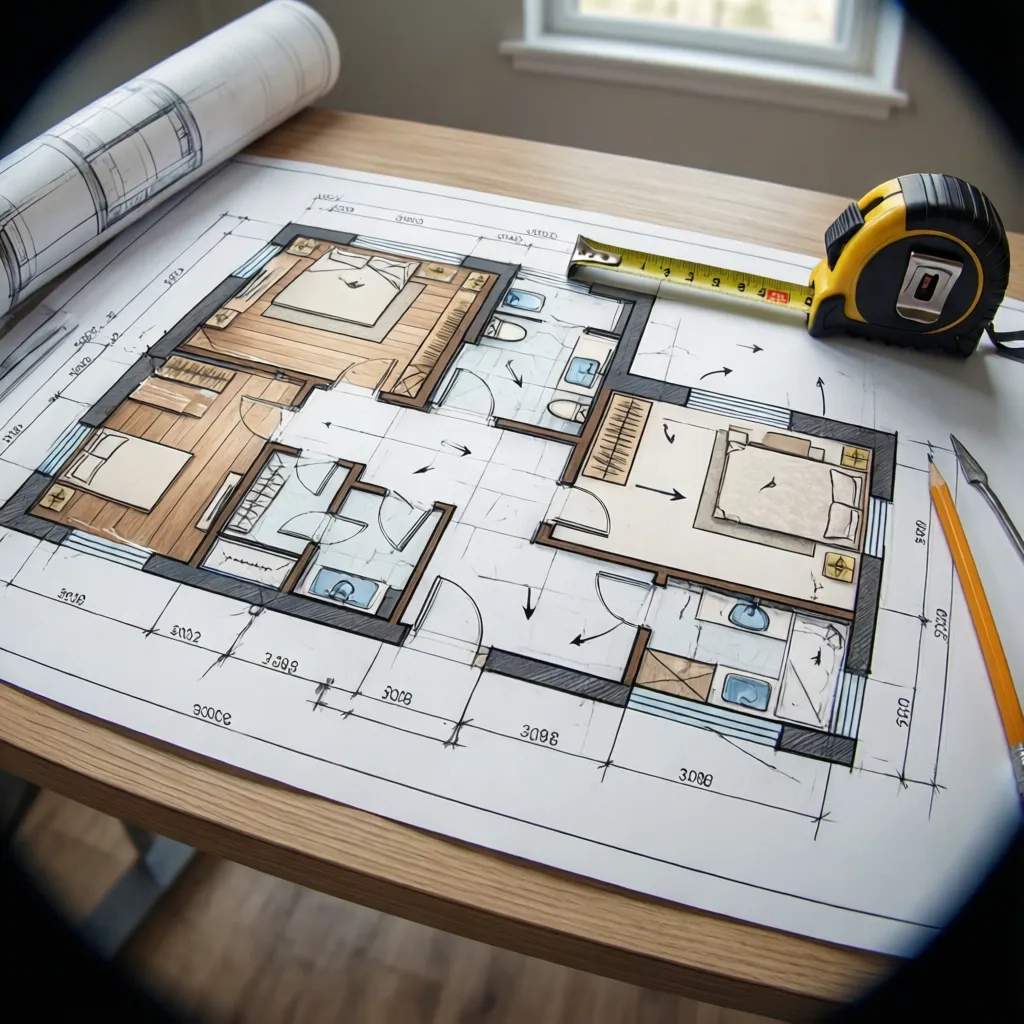 Floor plan sketch planning laminate plank direction and starting wall