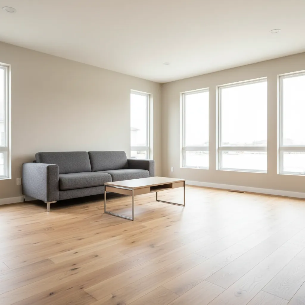 Bright living room with new laminate flooring replacing old carpet