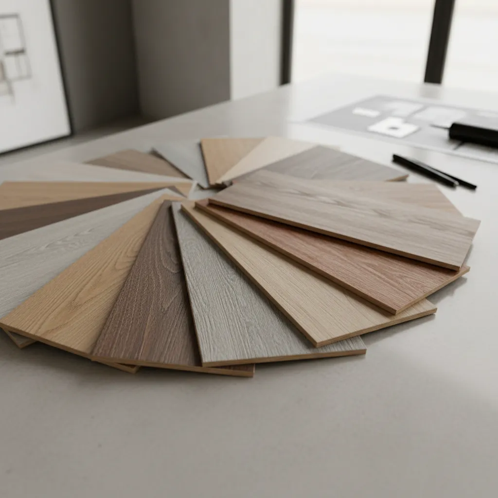 Different laminate flooring plank samples showing textures and finishes