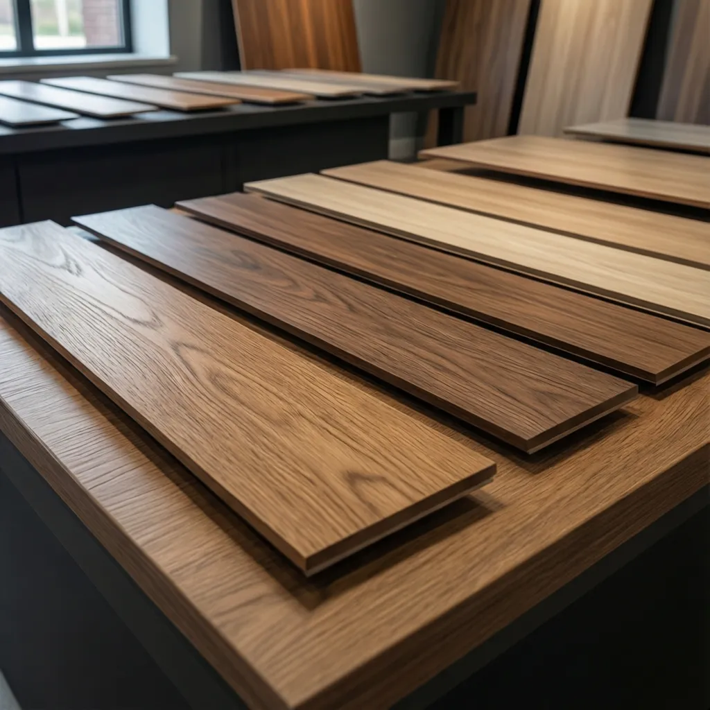 different laminate flooring plank samples showing wood grain textures and finishes