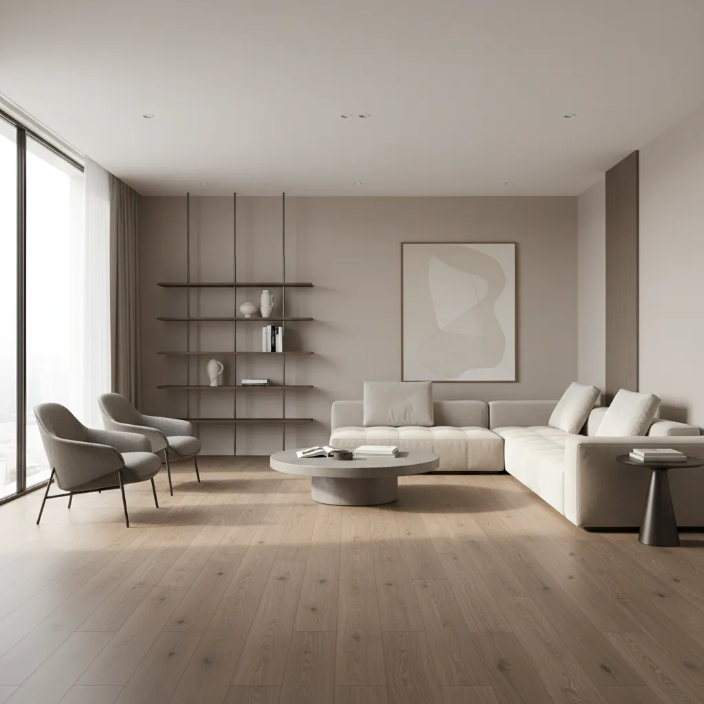 Staged home interior with wide plank laminate flooring