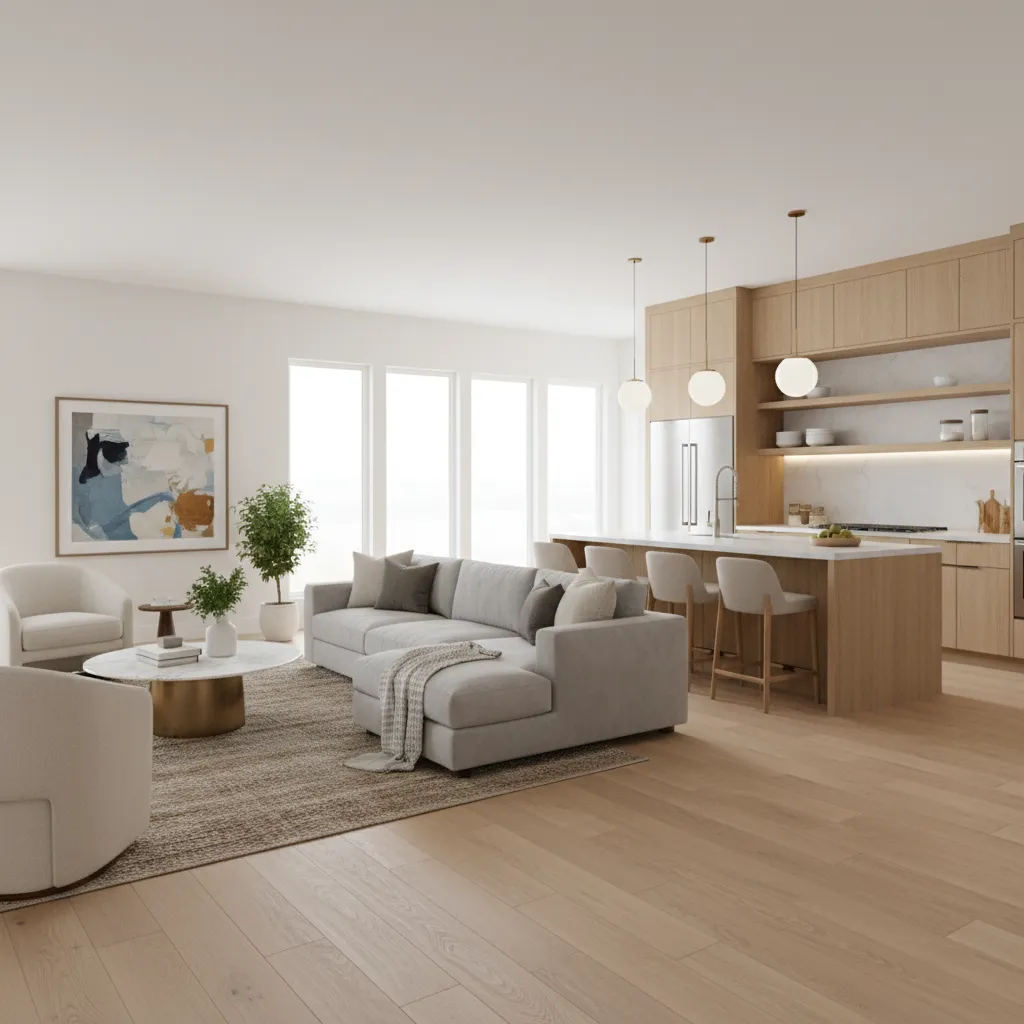 Open concept living room and kitchen with laminate flooring