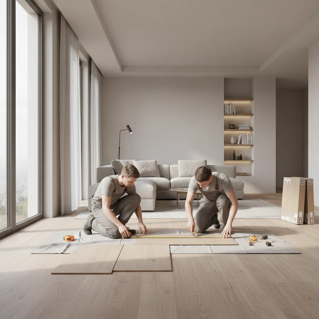 Home interior with laminate flooring installation underway