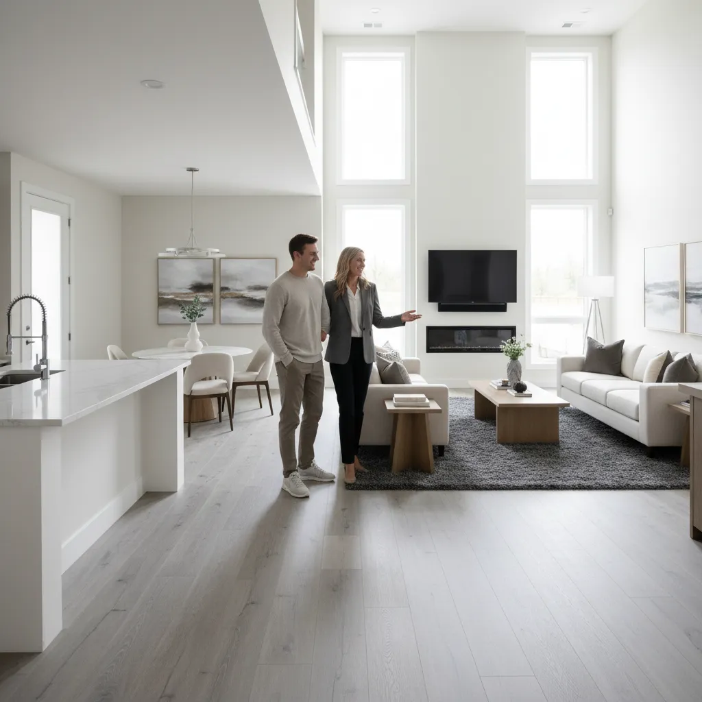 Real estate agent showing a home with laminate floors