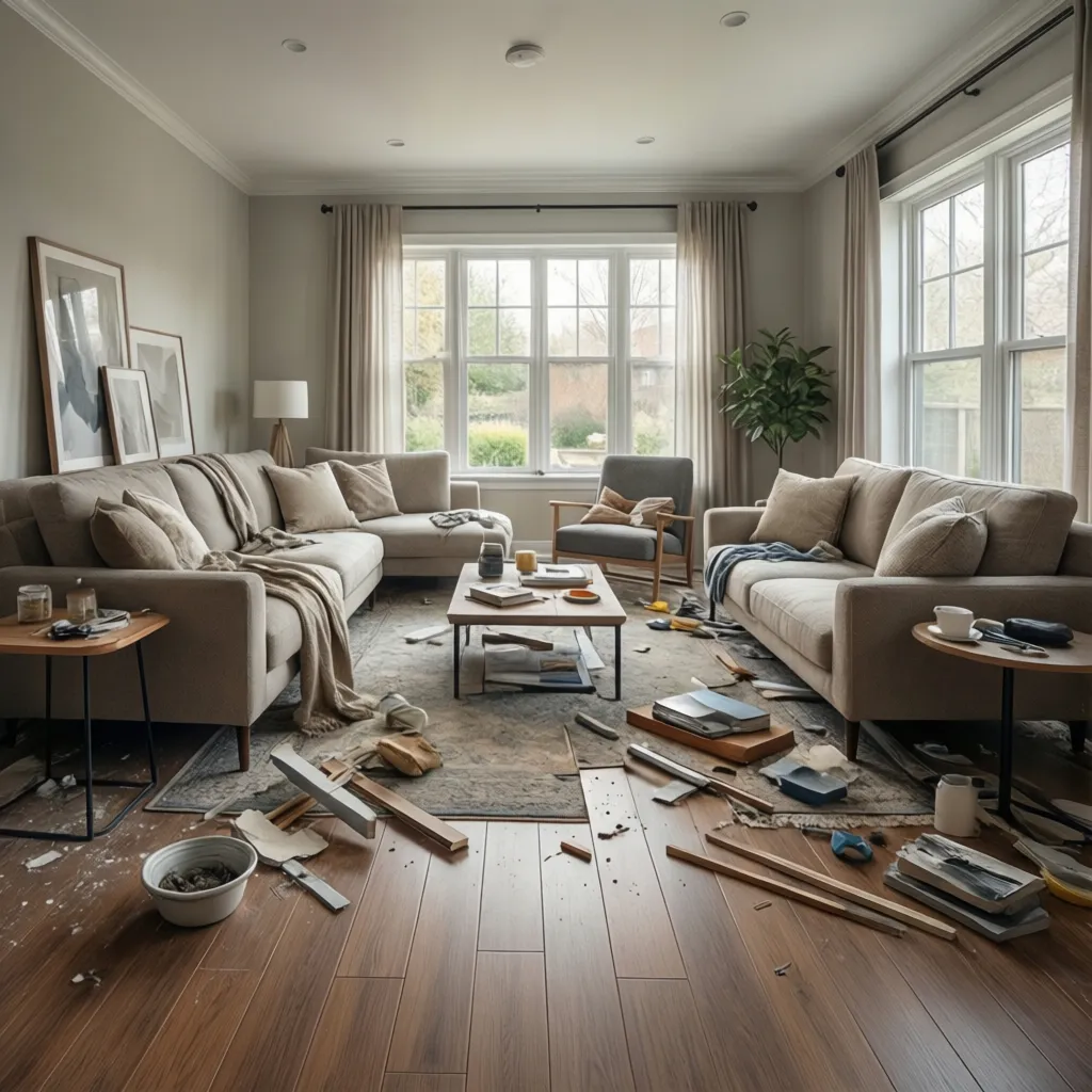 Comparison style room showing old carpet replaced with laminate flooring