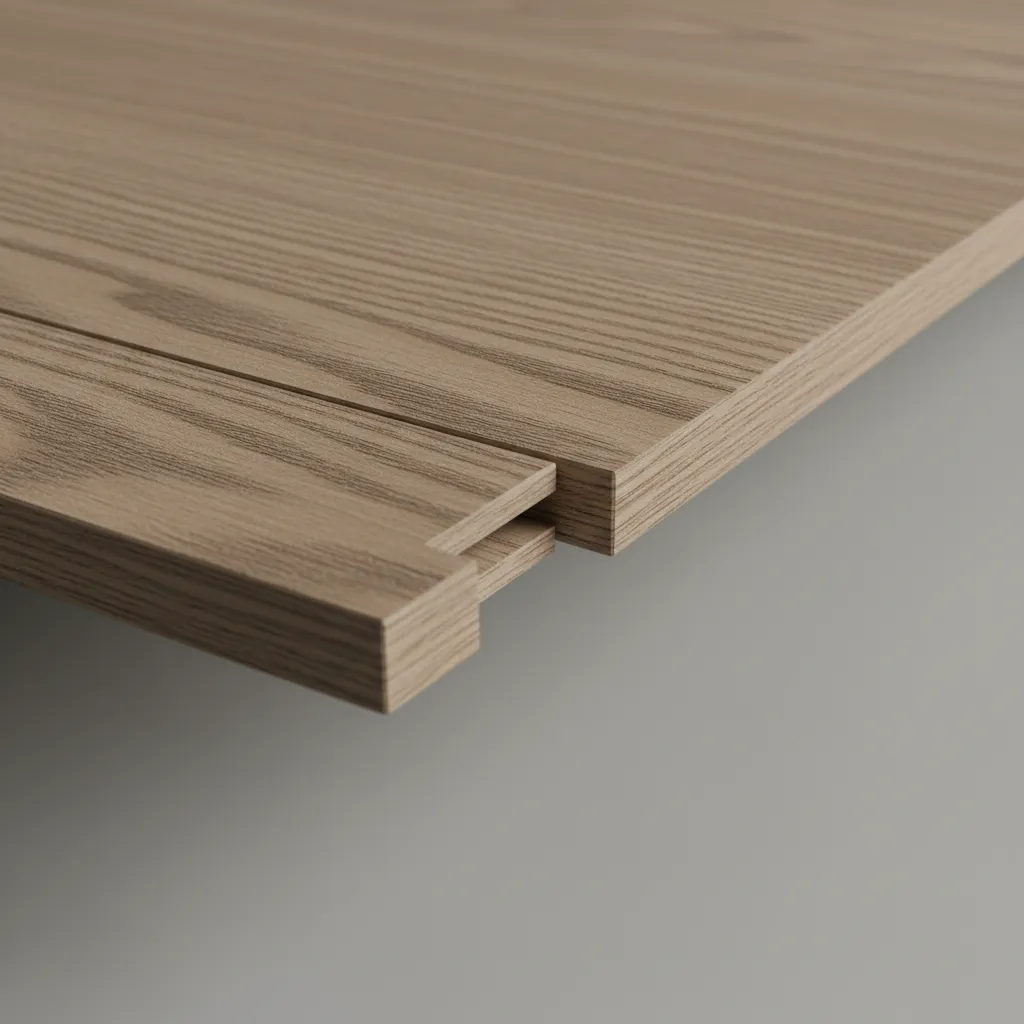 Laminate flooring groove edge channel detail ready to receive tongue