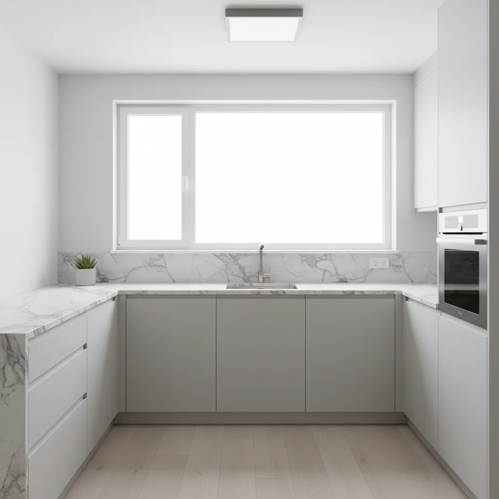 marble look laminate countertop in modern budget kitchen