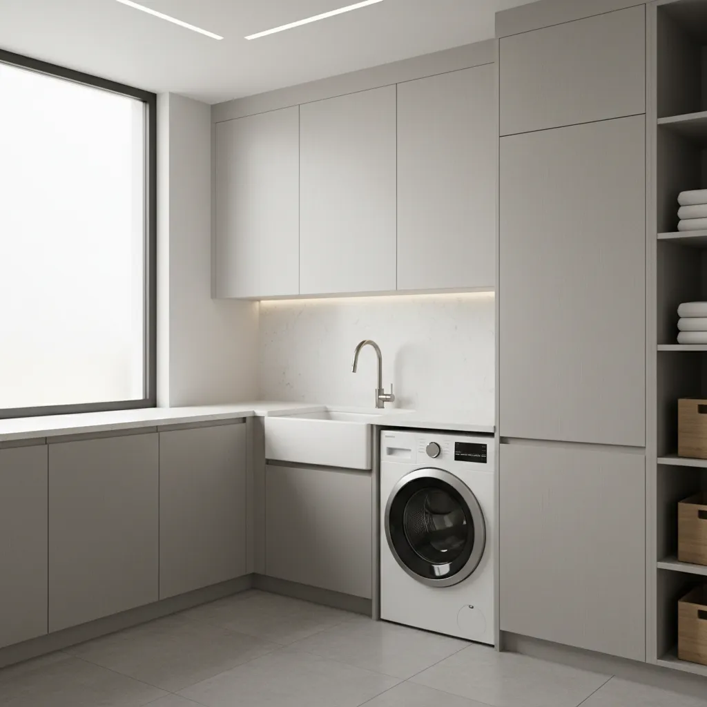 Laundry room cabinets with durable laminate finish