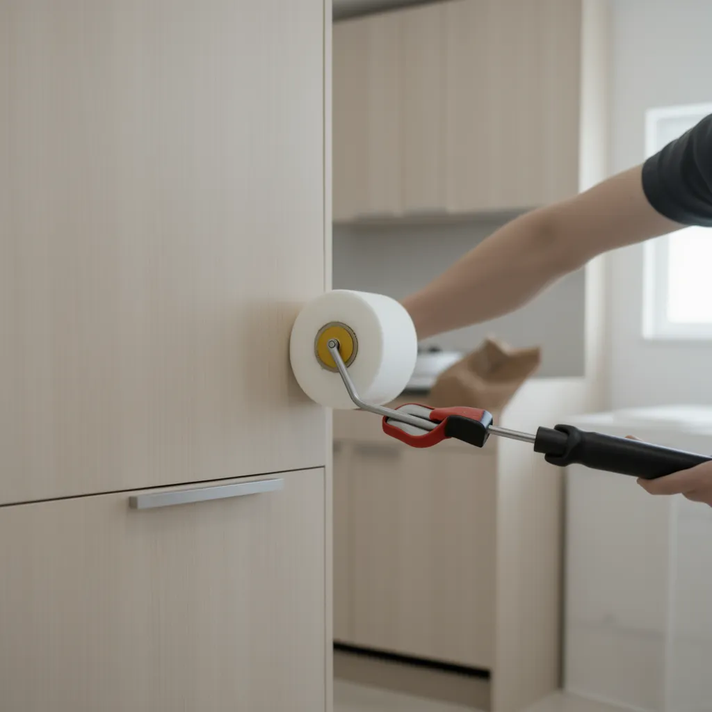 Applying cabinet skins with laminate roller to remove air bubbles