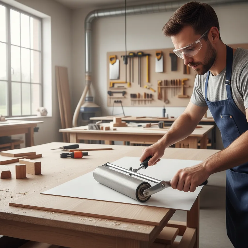 Installer using laminate roller to press cabinet veneer onto surface